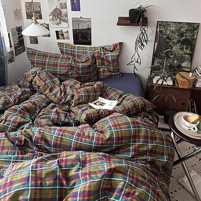 mixinni Buffalo Plaid Duvet Cover Queen Size - 100% Washed Cotton 3-Piece Bedding Set for All Seasons, Retro Grid Design, Soft Breathable Comforter Cover with Zipper Ties for Men, Women-Queen Size