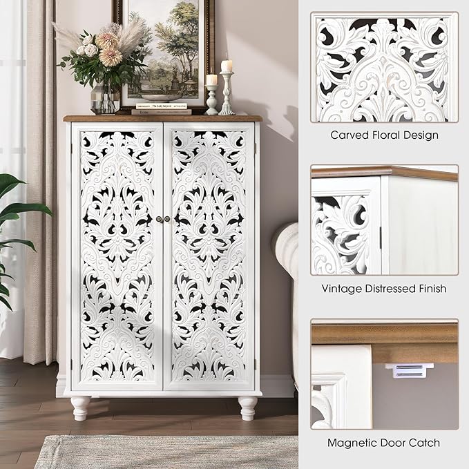 JOINICE 47" Accent Storage Cabinet with Carved Doors,White Buffet Cabinet with Solid Wood Legs & 100lbs Capacity, Farmhouse/Rustic/Boho Style for Living Room, Dining Room, Bedroom, Hallway, Study