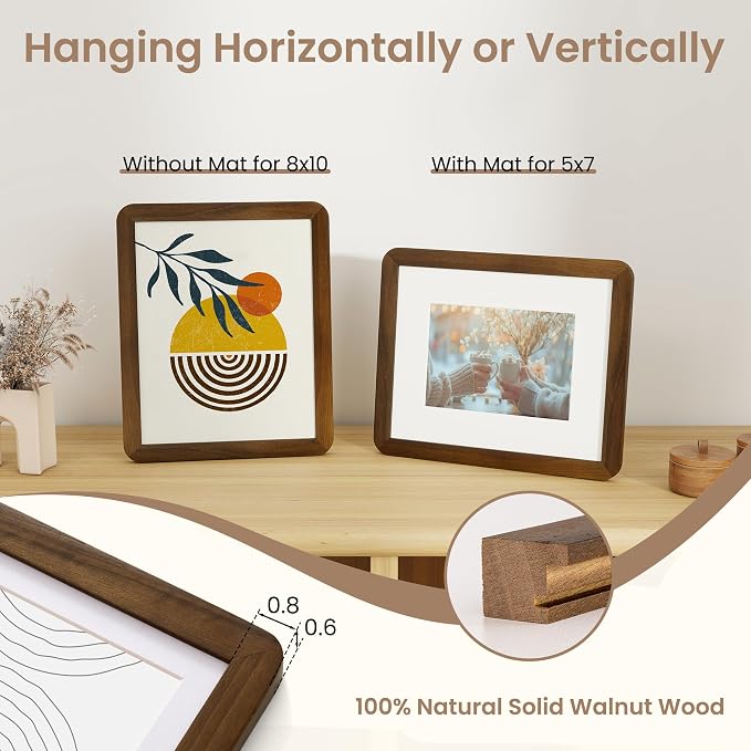 Fun Memories 8x10 Picture Frame - Solid Walnut Wood Frame with Real Glass, 8x10 Photo Frame Matted to 5x7 for Wall & Tabletop Display, Natural Walnut