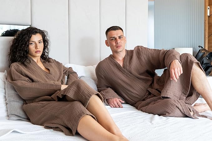 Muslin Unisex Bathrobe Women & Men, 100% Cotton Kimono Lightweight Robe | Long Robes Soft, Absorbent, Spa robes