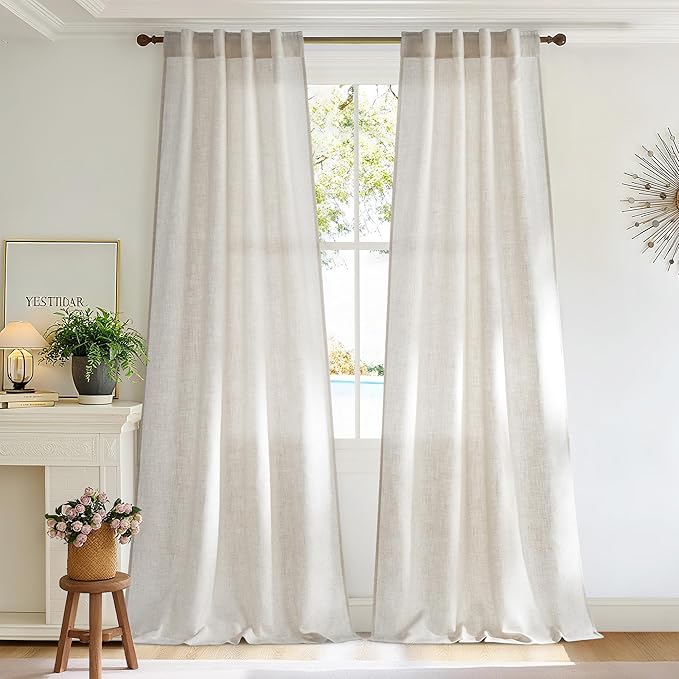 NICETOWN Linen Curtains 84 Inch Long 2 Panels Set for Farmhouse, 37" Wide Thick Flax Linen Blend Privacy Window Drapes Rod Pocket & Back Tab with Light Filtering for Nursery/Living Room