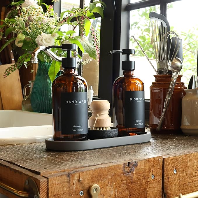 Ronasip Set of 5 Kitchen Soap Dispenser Set 16 Oz Glass Hand Dish Soap Dispenser with Stainless Steel Pump, Cement Tray, Dish Scrub Brush for Farmhouse Rustic Home Bathroom Decor (Brown)