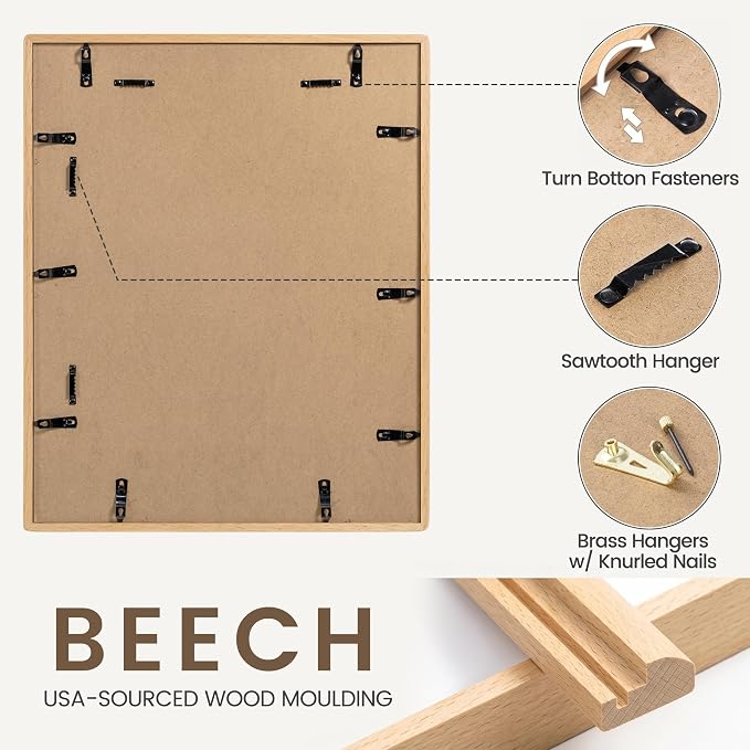 16 x 20 Picture Frame, USA-Sourced Beech Wood Photo Frames with HD Tempered Glass, Handcrafted Rounded Corner 16x20 Wooden Frames Matted to 11x14 Photos, Horizontal or Vertical Wall Display