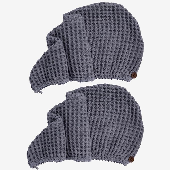 Luxury Organic Japanese Cotton Hair Drying Waffle Towel Wrap for Women | Absorbent, Quick-Dry Head Turban for Shower, Sauna, Spa | Extra Large for Long, Curly, Straight Hair With Button (Grey, 2 Pc)