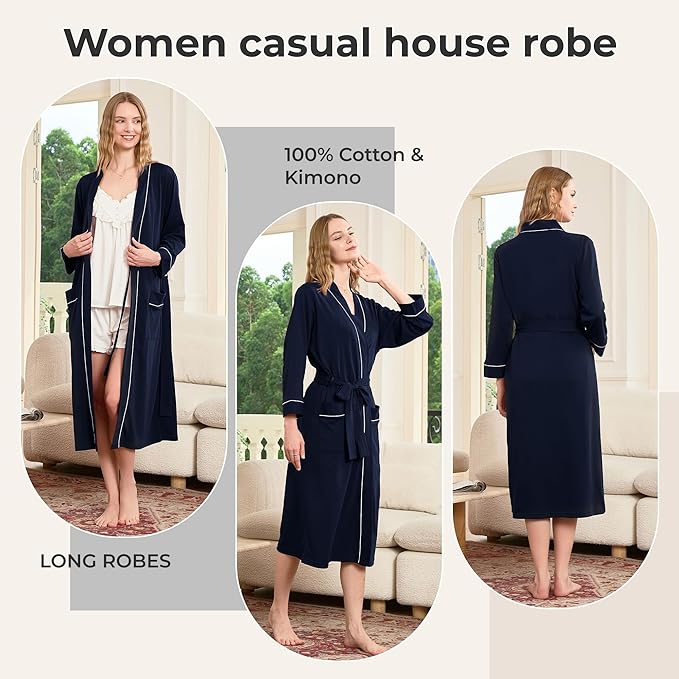 HEARTNICE Womens 100% Cotton Robe, Soft Kimono Spa Long Bathrobe Lightweight Loungewear
