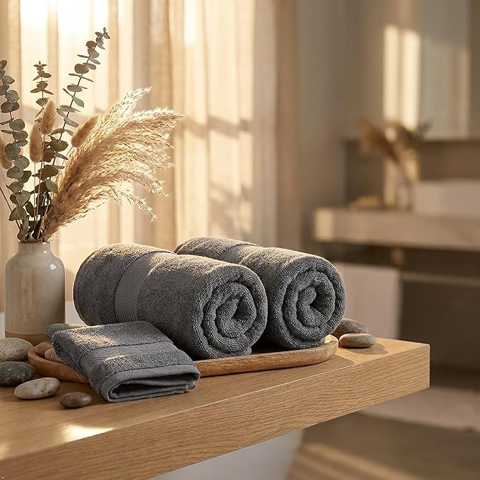 Farm to Home 100% Organic Bath Towel Set of 6 – GOTS & Oeko-TEX Certified Organic Cotton, Soft, Ultra Absorbent, Quick Dry - Includes 2 Bath Towels, 2 Hand Towels, 2 Washcloths - Stone