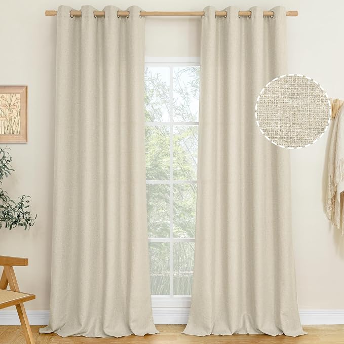 LAMIT Natural Beige Linen Curtains for Bedroom, 102 inches Grommet Thermal Insulated Thick Burlap Farmhouse Neutral Curtains Noise Reducing Light Filtering Drapes for Living Room, 2 Panels, W52 x L102