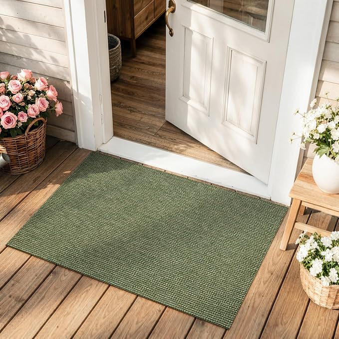 Uphome Boho Bathroom Rugs, 2x3 Washable Small Area Rug for Entryway Indoor, Farmhouse Rubber Backing Braided Cotton Throw Rugs Low Pile, Indoor Green Front Door Mat for Porch Kitchen Bedroom Entrance