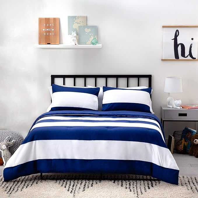 LINENSPA All Season Hypoallergenic Down Alternative Microfiber Comforter, California King, Navy/White