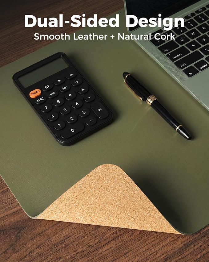 Aothia Cork Desk Mat - Dual-Sided Extra Large Desk Pad & Keyboard Mat, Long PU Leather Desk Protector, Waterproof Desktop Blotter (47" x 17", Olive Green)