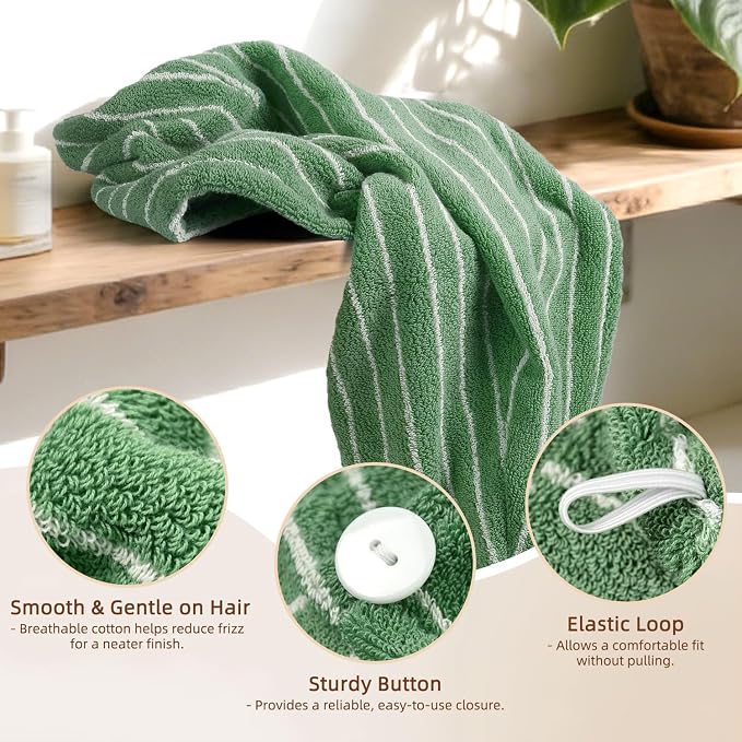 Jacquotha Cotton Hair Towels (Green Striped), 2 Pack Hair Turban | Soft Quick Dry Hair Wrap Towels for Women Long Curly Hair, Shower Bathroom Salon Spa Travel Pool, 25" x 9.5"