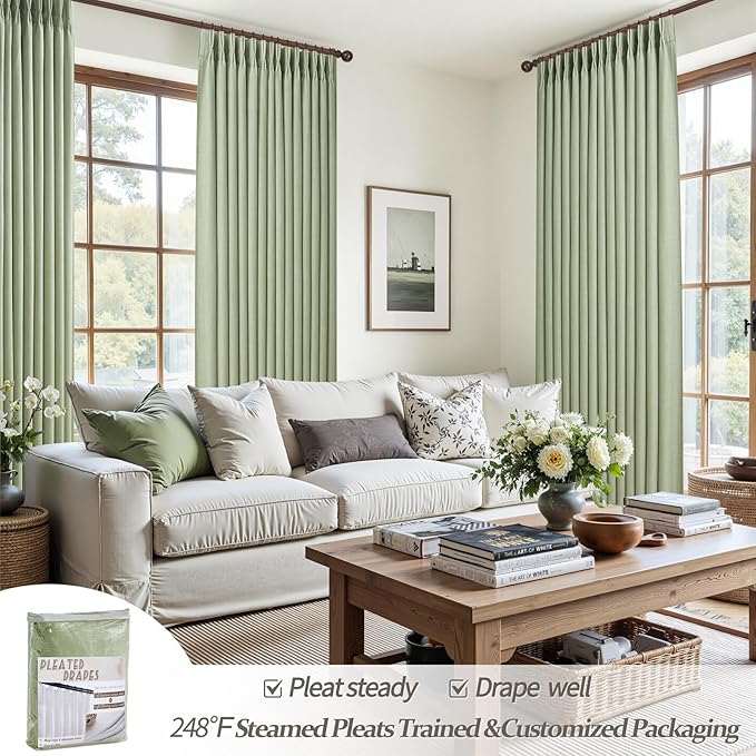 Thick Linen Two Layer Blackout 86 Inch Room Divider Curtains 2 Panels Set, Sage Green Memory Trained Pinch Pleated Insulated Sound Dampening Cottage Core Nursery Windows Curtain & Drapes with Back Tab