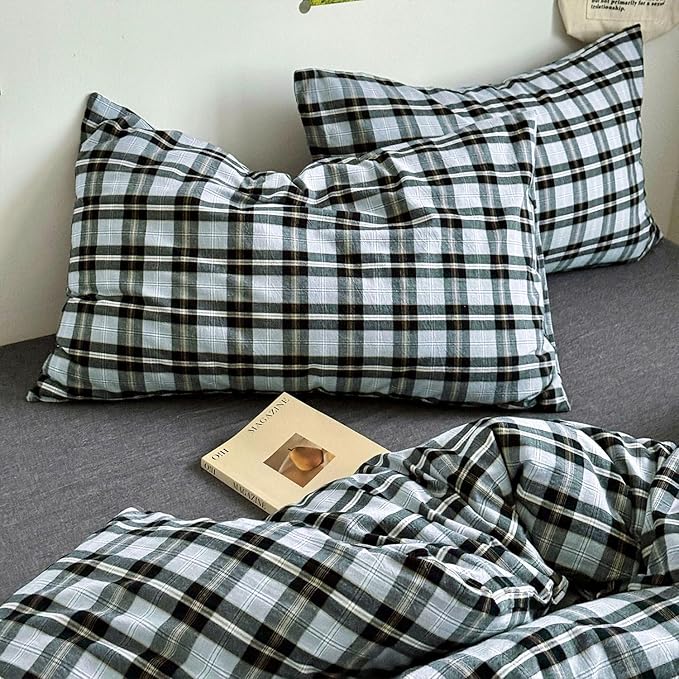 mixinni Vintage Grey & Pale Blue Buffalo Plaid Duvet Cover Set Twin XL Size - 3 Piece Washed Cotton Bedding Set with Grid Pattern, Soft & Breathable Duvet Cover with Pillowcases for Boys, Men& Women