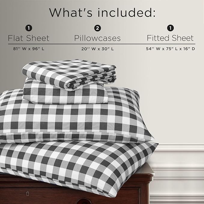 Briarwood Home® Printed Flannel Sheet Set, 100% Natural Cotton, Soft, Warm & Deep Pocket, Advanced Nano-Tech Making it Resistance to Pilling; Brushed 6 Times for Softness (Buffalo Grey, Full)