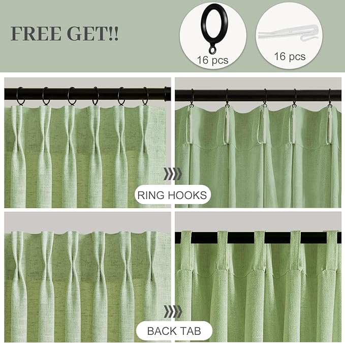Sage Green Pinch Pleated 84 Inch Curtains for Living Room, Privacy Semi Sheer Curtain with Pleated Hooks Modern Linen Blend Memory Trained Back Tab Drapes for Bedroom Office, 2 Panels, W40xL84