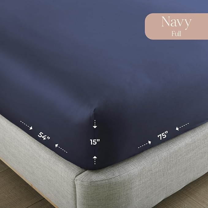 Organic Full Fitted Sheet Only Deep Pocket - 100% Organic Cotton Sheets with Breathable 300 Thread Count Sateen Weave GOTS & Fairtrade Certified - Soft Fitted Bed Sheets Only (Navy, Full)