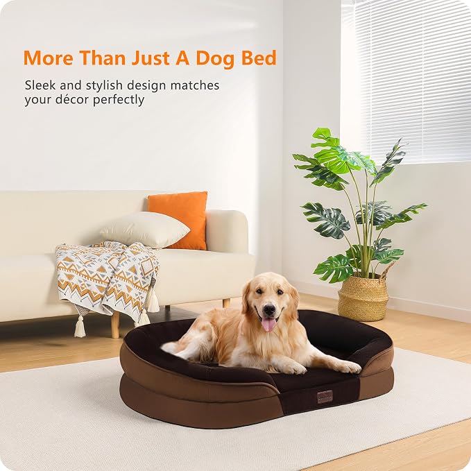 Dwanton Orthopedic Dog Bed for Large Dogs with Gel Memory Foam, Waterproof Dog Sofa, Washable Pet Bed with Four Sided Bolster Cushion, Removable Cover & Non-Slip Bottom, 42", Brown