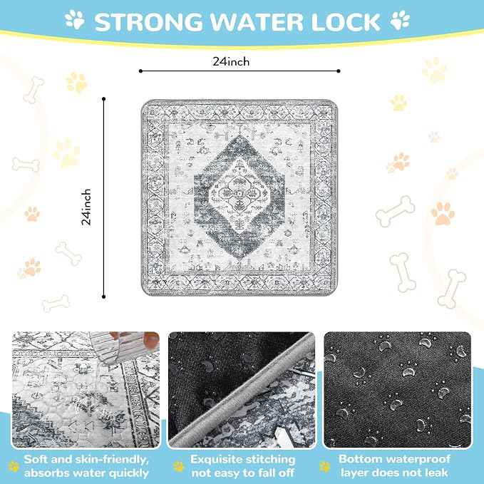 Lahome Super Absorbent & Leakproof Washable Dog Pee Pads - 2 Pack Value Set - Waterproof, Non-Slip Reusable Pads for Puppy Training, Crates & Whelping (24"x24", Gray)