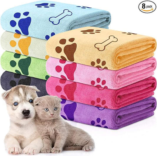 Chumia 8 Pcs Dog Towels for Drying Dogs Cats Pet Towels Bulk Puppy Microfiber Fast Drying Paw Bath Bathing Supplies Absorbent for Medium Pets(18 x 28 Inch,Dog Paw and Bone,Sweet Color)