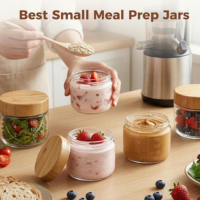 6oz Glass Jars with Airtight Lids - 6 Pack Overnight Oats Containers with Bamboo Lids, Small Food Containers with Measurement for Yogurt, Salad, Chia, Wide Mouth Mason Jar with Lid for Food Storage