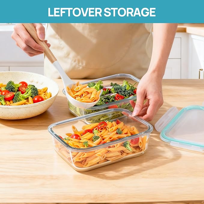 Vtopmart 2Pack 1500ml/50.7oz Large Glass Storage Containers with Lids, Meal Prep Food Container Set with Snap Airtight Lid for Baking, Microwave, Oven, Leak Proof, for Freezer, Dishwasher, Green
