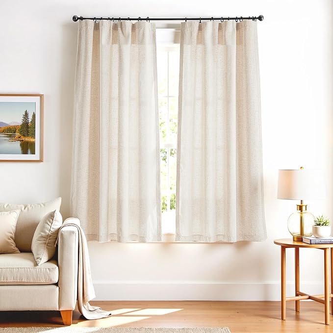 jinchan Beige Linen Blend Curtains 72 Inches Length 2 Panels for Bedroom Living Room, Light Filtering 50 Inches Wide Natural Farmhouse Drapes with Rod Pocket Back Tab (50W x 72L, Ecru)