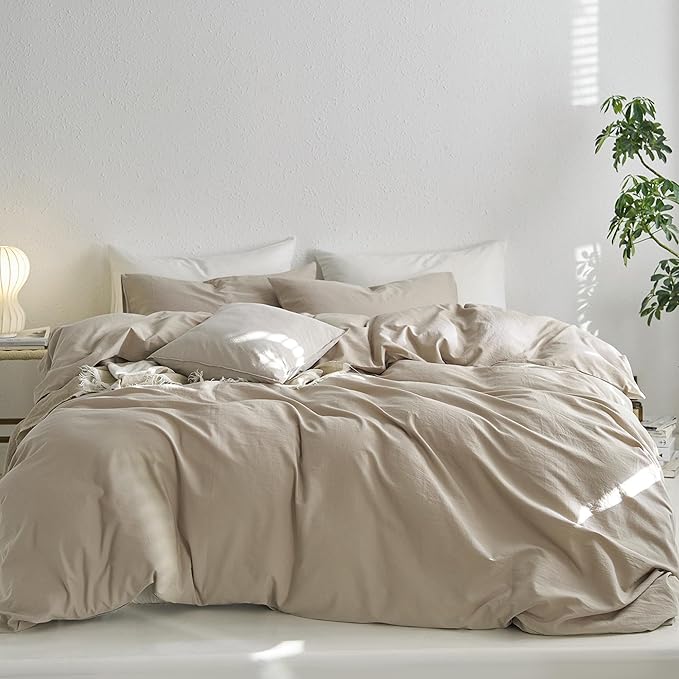 MooMee Duvet Cover Set, 100% Washed Cotton Linen Like Twill Thick Sturdy Material Super Soft Breathable Durable Bedding for All Season, 3 Pieces (Tannish Linen LikeGrey, Super Queen 90"x98")