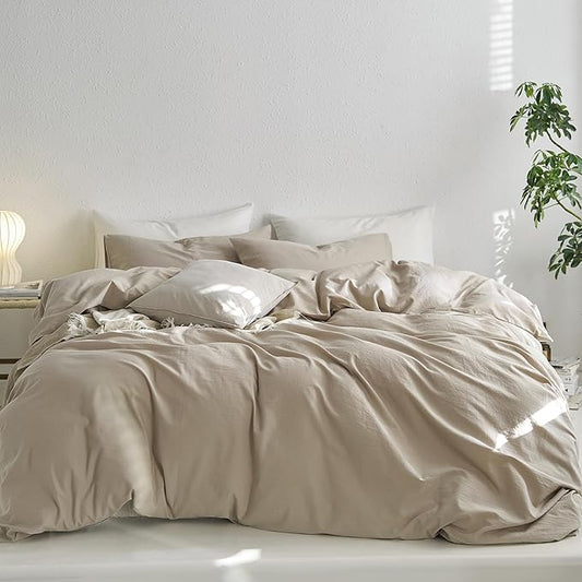 MooMee Duvet Cover Set, 100% Washed Cotton Linen Like Twill Thick Sturdy Material Super Soft Breathable Durable Bedding for All Season, 3 Pieces (Tannish Linen LikeGrey, Cal King 104"x98")