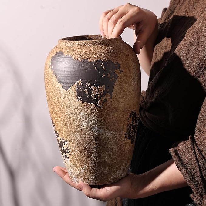 Rustic Ceramic Vase, 10.6 Inch Wabi Sabi Decorative Pottery Flower Vase, Vintage Neutral Vase for Centerpieces, Living Room, Shelf, Entryway, Wedding, Table Decoration