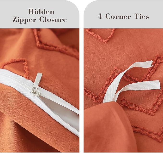 EMME Boho Duvet Cover Twin Size - 2 Pieces Embroidery Shabby Chic Bedding, Tufted Comforter Cover for All Seasons, 1 Duvet Cover + 1 Pillowcase (Pumpkin, Twin)