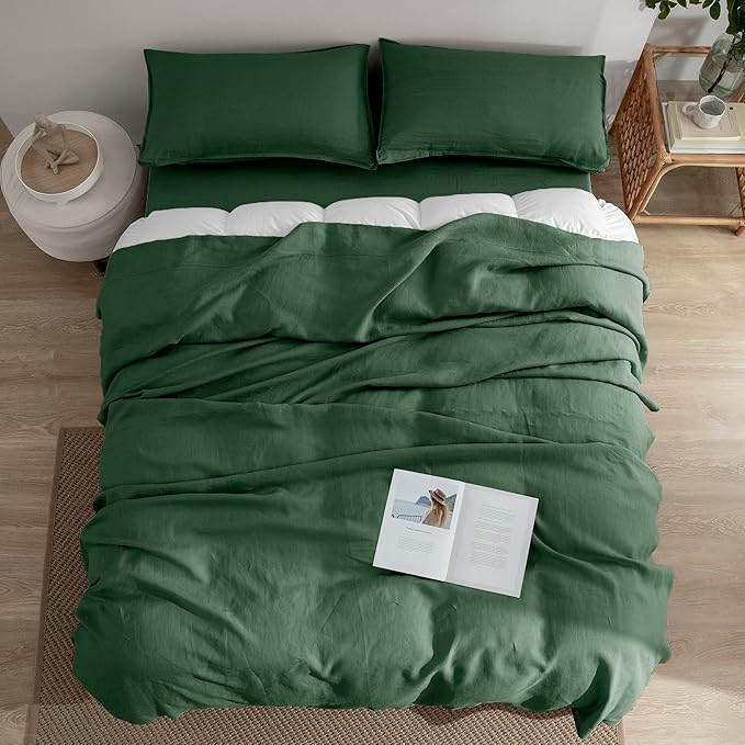 EVERLY Linen Full Size Sheets Set,100% French Washed Pure Linen Bed Sheets Deep Pocket Sheets,4Pieces(1Flat Sheet,1Fitted Sheet,2Pillowcase) Suitable for Hot Sleepers,180GSM Dark Green Bedding Set