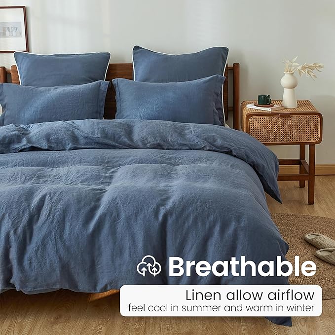 100% French Linen Pillow Shams Basic Style - Pack of 2 - Washed Solid Color Natural Flax Soft Breathable - Classic Blue, 20'' x 36''