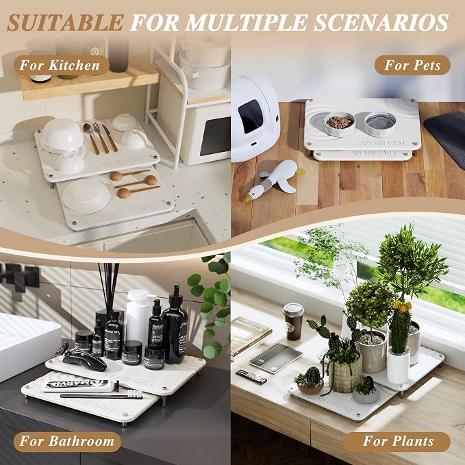 VERIFOST Nested Dish Drying Mat with Bamboo Rack for Dishes, 2Pcs Diatomaceous Earth Stone, Fast Stone Drying Mat for Kitchen Counter with Non-slip Feet, Pearl