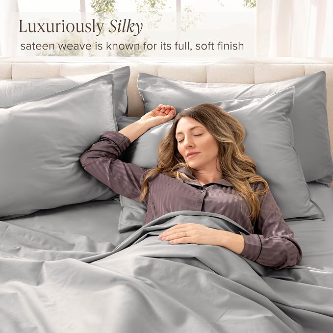 Bare Home 100% Organic Cotton Twin Extra Long Sheet Set - 400 Thread Count - Smooth Sateen Weave - Breathable & Cooling - Hotel Luxury Set - Deep Pocket Bed Sheets (Twin XL, Light Grey)
