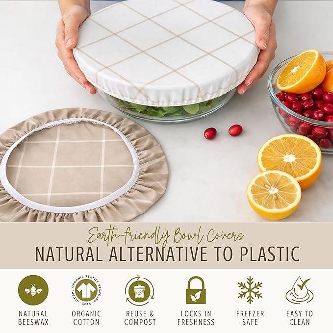 Nectar & Nest Reusable Bowl Covers for Bread Proofing - Beeswax Bowl Covers Reusable, 100% Organic Cotton, Elastic Cover for Sourdough, Dough Proofing and Food Storage, Compostable