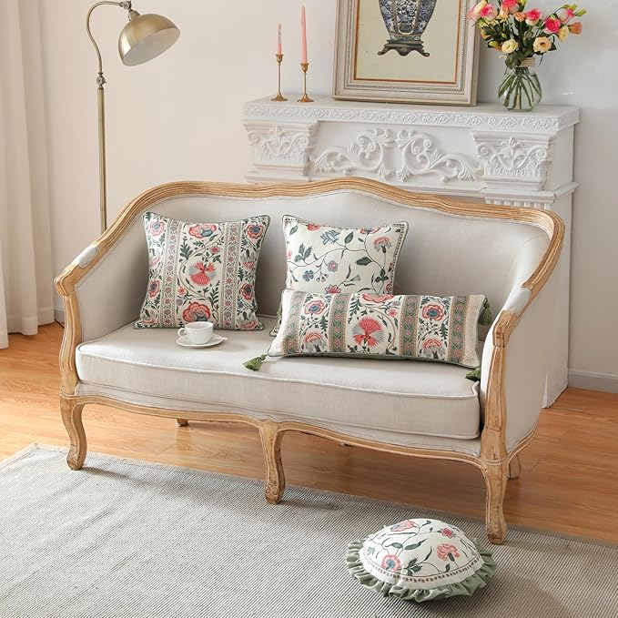 ISAENNE Design Lumbar Retro Elegance Linen Throw Pillow Covers 12"x28" Pack of 2, Green Pink Floral Pattern Cushion Covers Rectangle Decor Pillowcases for Bed,Living Room,Outdoor,Car