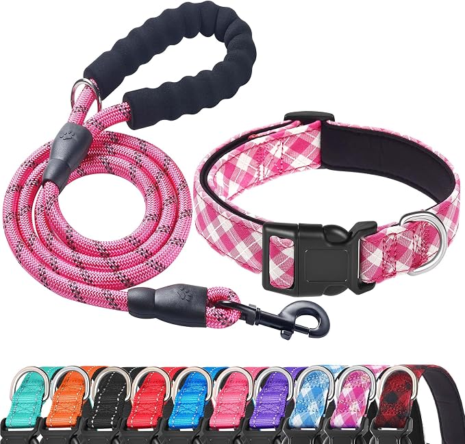 Ladoogo Reflective Dog Collar Padded with Soft Neoprene Breathable Adjustable Nylon Dog Collars for Small Medium Large Dogs (Small (Pack of 1), Pink Plaid Collar+Leash)