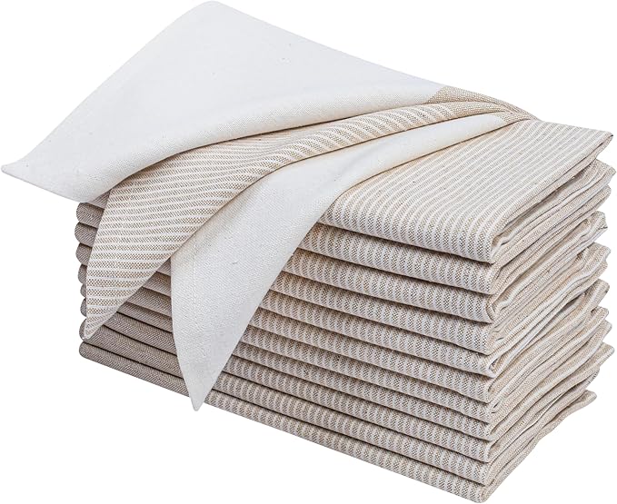 Ramanta Home Cloth Napkins Set of 12 - Beige, 18x18 Inches -Easter Basket Décor Block Striped Dinner Napkin for Spring Farmhouse Wedding, Washable Soft Cotton Durable Table Linen for Everyday Use