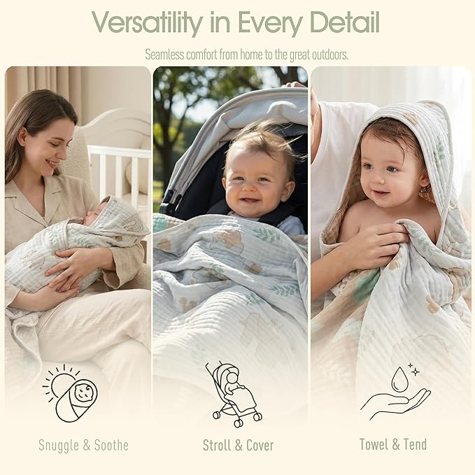 Ultra-Soft Muslin Baby Hooded Towel - 32 x 32 Inches, Ideal for Bath & Beach, Suitable for Both Boys & Girls from Newborns to Toddlers