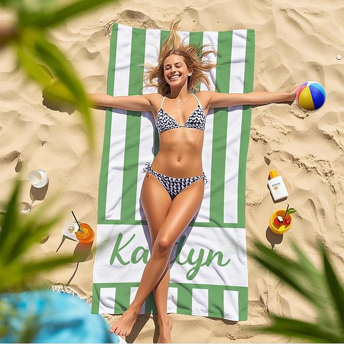 JML Personalized Beach Towel with Name, Custom Cabana Stripe Beach Towel, Customized Microfiber Pool Towel, Quick Dry & Absorbent Swim Towel for Adult,Anniversary, Birthday, Summer Holiday,Vacation