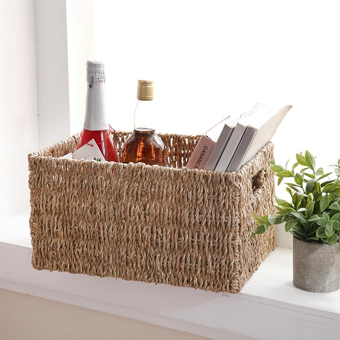 Handwoven Seagrass Storage Basket with Handles, Natural Woven Shelf Organizer Bin for Toys, Books, Closet and Home Storage (Large)