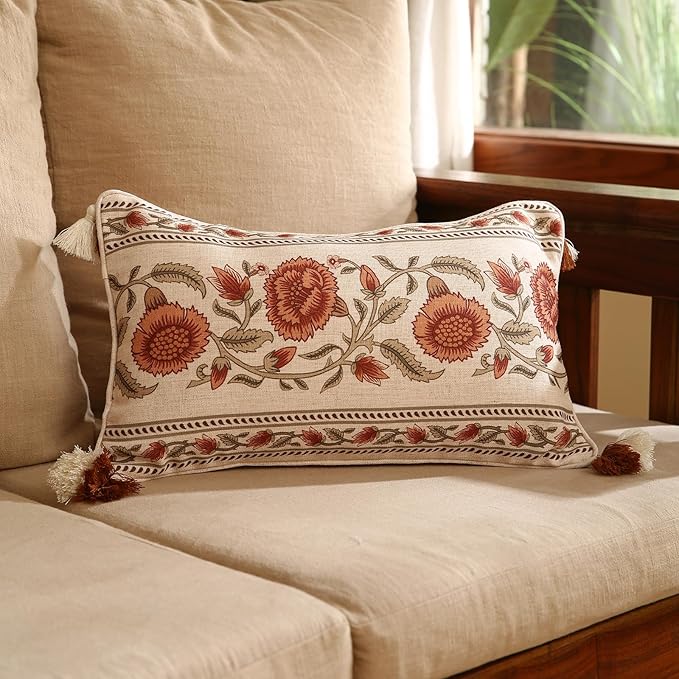 ISAENNE Design Linen Rectangle Vintage Throw Pillow Covers 12"x20" Pack of 2, Brick Red Cushion Covers with Orange Floral Green Leaves Pattern Decor Pillowcases for Bed,Living Room,Outdoor,Car