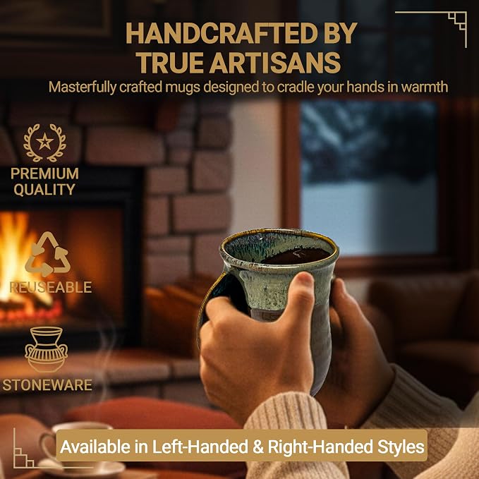 Clay in Motion Hand Warmer Coffee Mug – Handmade Coffee Mug With Comfortable Handle Contoured Pocket Hand Warming Ceramic Coffee Mug – Proudly Made in USA – Left Handed – 14 Oz - Mocha