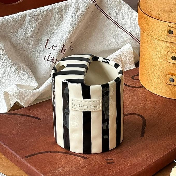 Shelprojsu 10oz Ceramic Coffee Mug,Retro Striped Coffee Cups,with Sip hole Espresso Ceramic Cup,novelty Hand-Painted Striped Travel Mugs-ideal Gift for Coffee Lovers(Green)