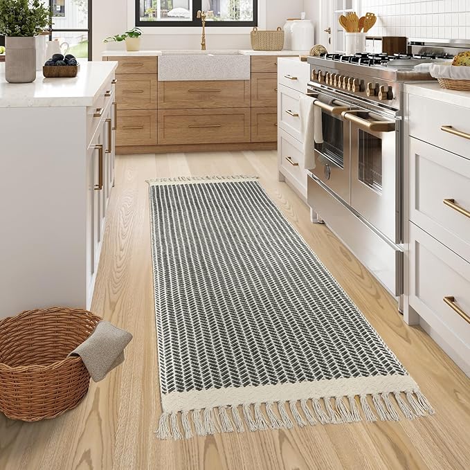 Lahome Belle Boho Hallway Runner Rug, 2x6 Laundry Room Lightweight Entry Bathroom Woven Cotton Throw Mat with Tassels, Farmhouse Non Shedding Washable Grey Rug Low Pile Runner for Kitchen