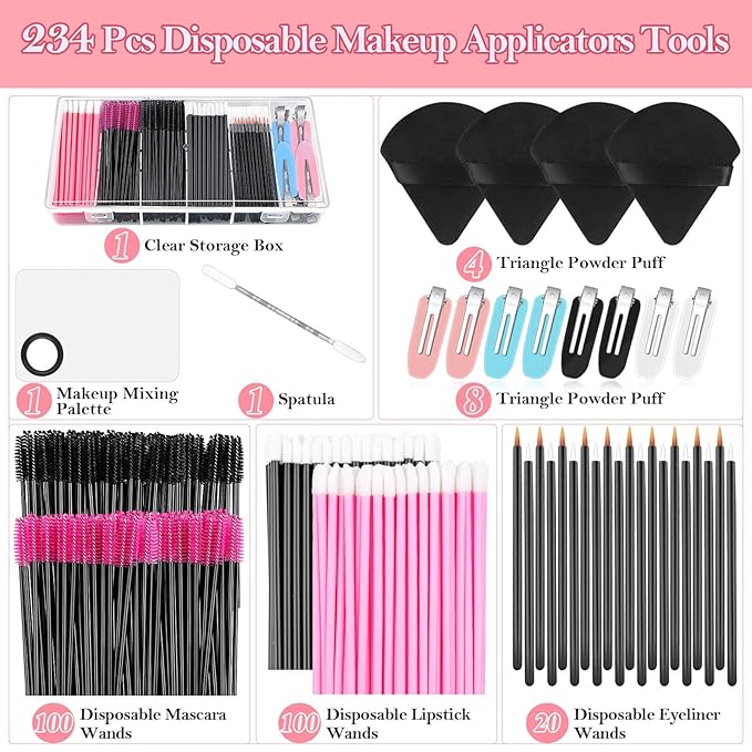 Disposable Makeup Applicators Kit with Triangle Puff Mixing Palette, Artist Supplies Disposable Mascara Wands, Lip Brushes, Hair Clips Powder Puffs for Face with Storage Box