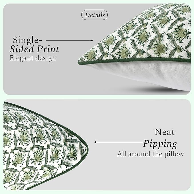 CPC Moss Green Block Print Throw Cushion Cover 18 x 18 Inch Set 2 - Decorative Boho Floral Pillow Case for Living Room, Bed, Sofa, Couch, Home Decor Cushion Cover Gift for Spring, Mother's Day