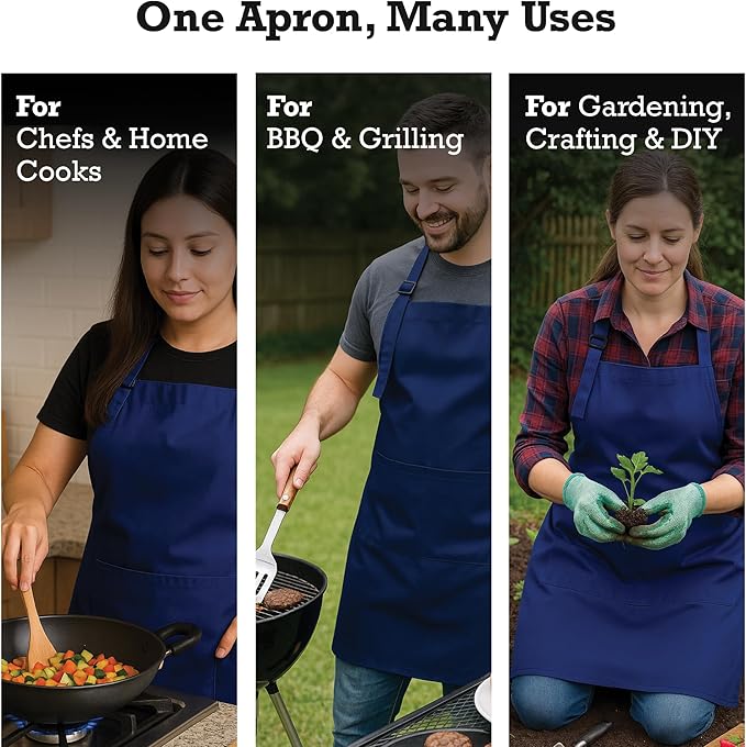 RAJRANG 100% Cotton Cooking Apron with 3 Pockets Kitchen Chef BBQ Adjustable Bib Aprons for Women Men