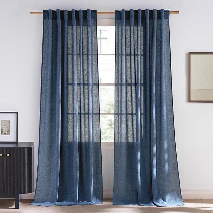 NICETOWN Thick Linen Navy Blue Curtains 96 inches Long, Rod Pocket & Back Tab Flax Semi-Sheer with Light Filtering Window Treatments Privacy Assured for Living Room, W55 x L96, 2 Panels