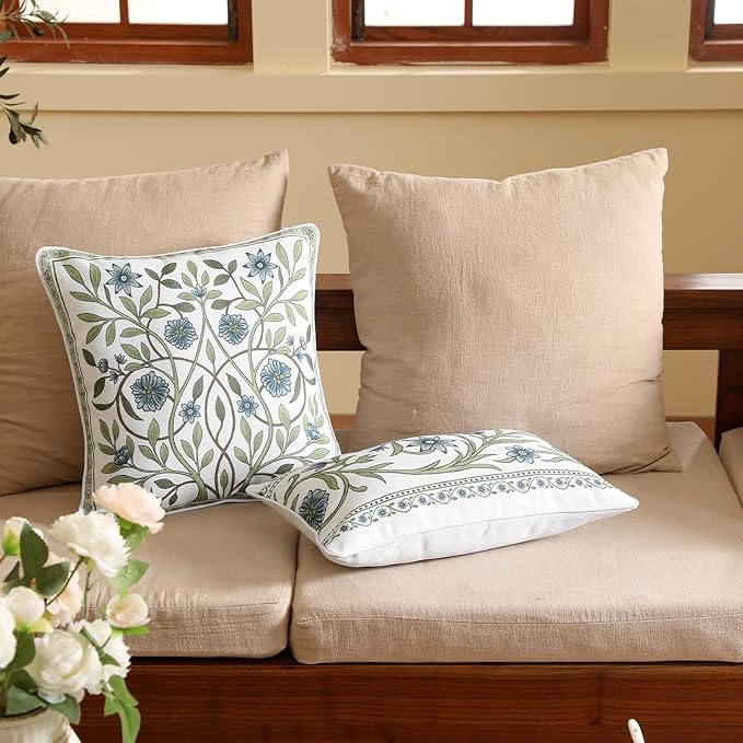 ISAENNE Design Fresh Linen Square Throw Pillow Covers 18"x18" Pack of 2, French White Cottage Cushion Covers with Blue Floral Branches Pattern Decor Pillowcases for Bed,Living Room,Outdoor,Car